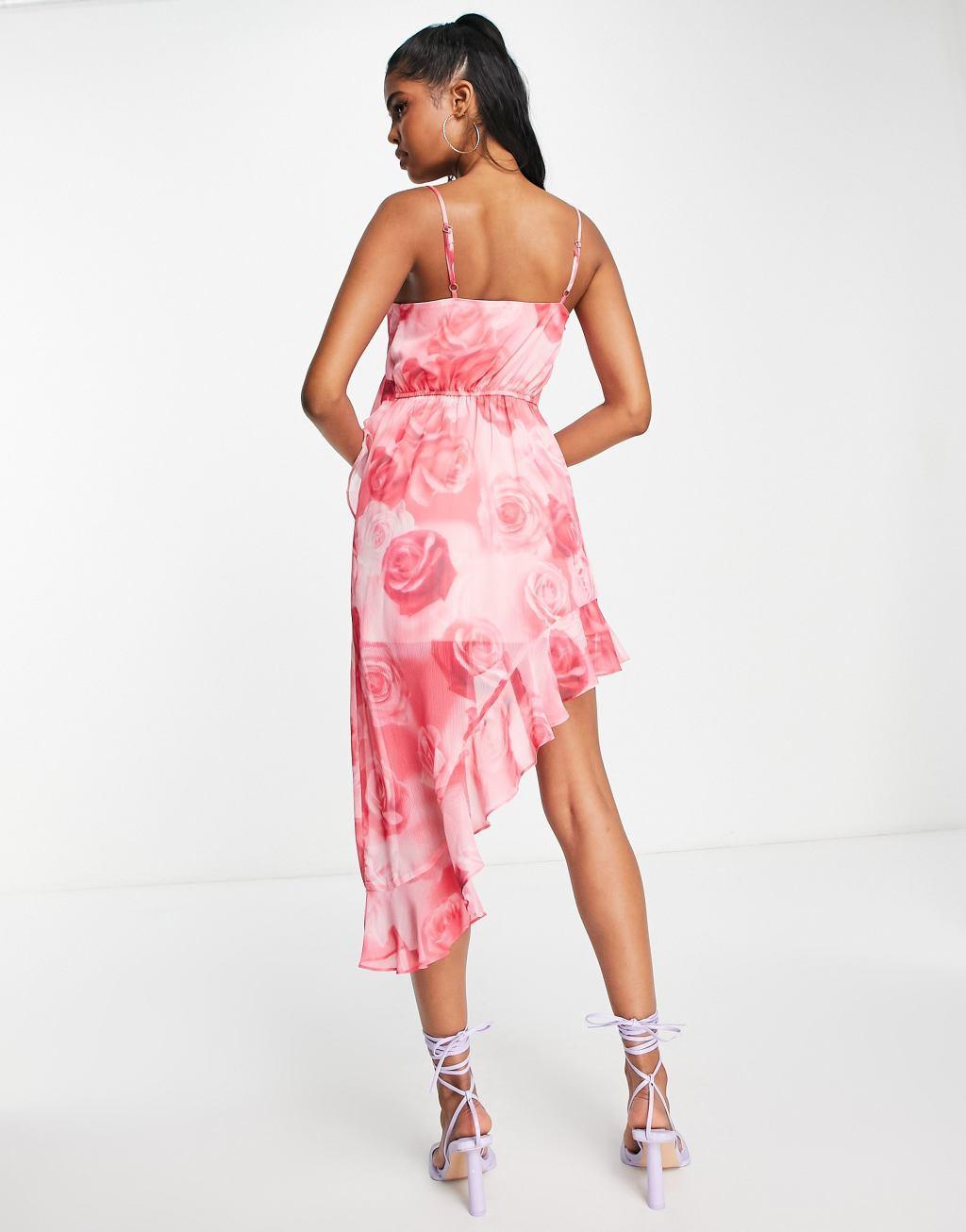 Miss Selfridge chiffon asymmetrical hem mini dress in oversized rose  Product Image