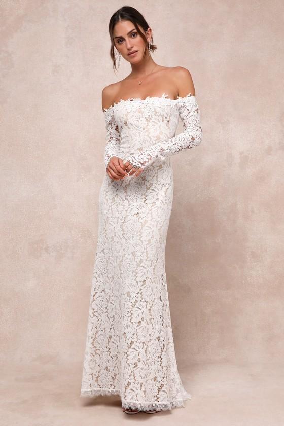 Romance Dreamer White Lace Off-the-Shoulder Maxi Dress Product Image