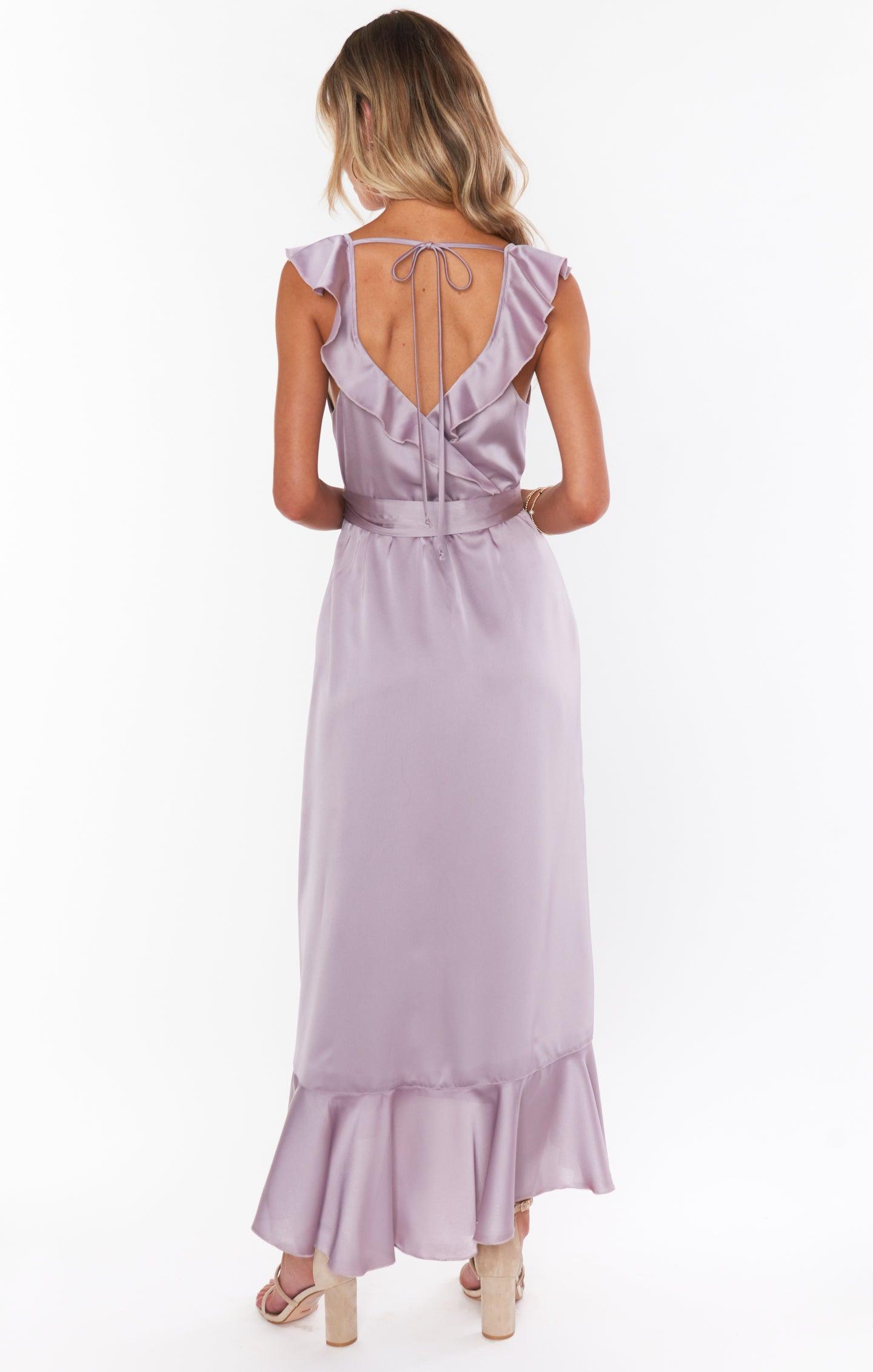 Samantha Ruffle Wrap Dress ~ Dusty Purple Luxe Satin Product Image