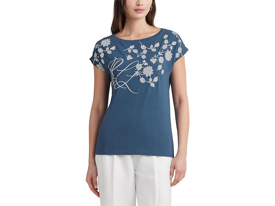 LAUREN Ralph Lauren Floral-Embroidered Jersey Tee (Indigo Dusk/White) Women's Clothing Product Image