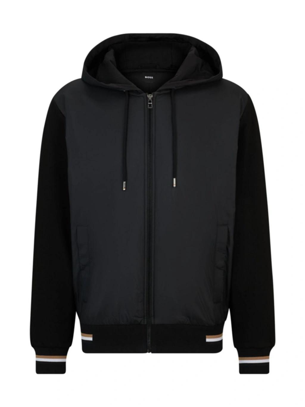 HUGO BOSS Mixed-material Zip-up Hoodie With Signature-stripe Trims In Black Product Image