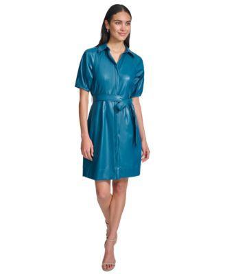 Women's Faux-Leather Belted Shirtdress Product Image