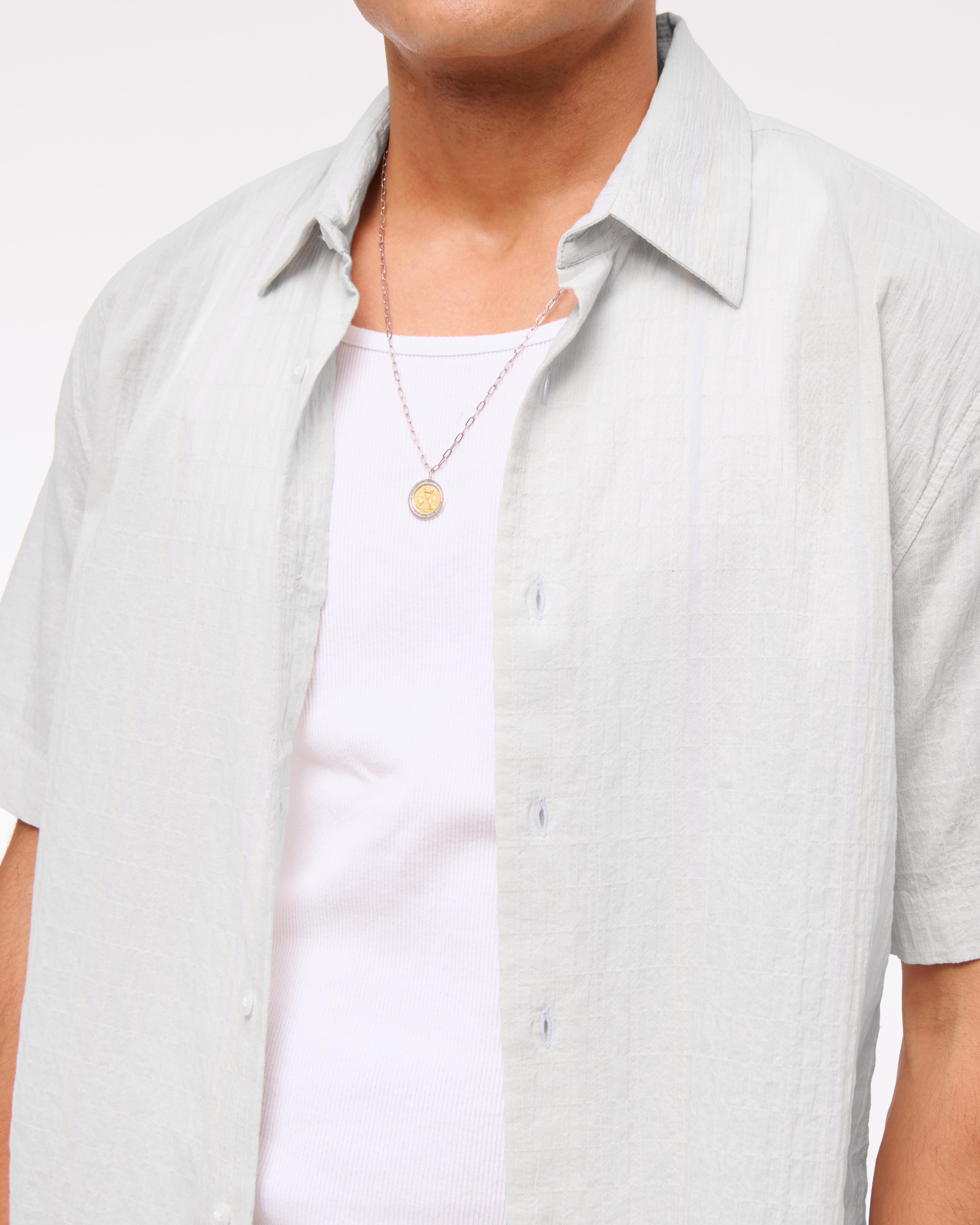 Short-Sleeve Cropped Textured Button-Up Shirt Product Image