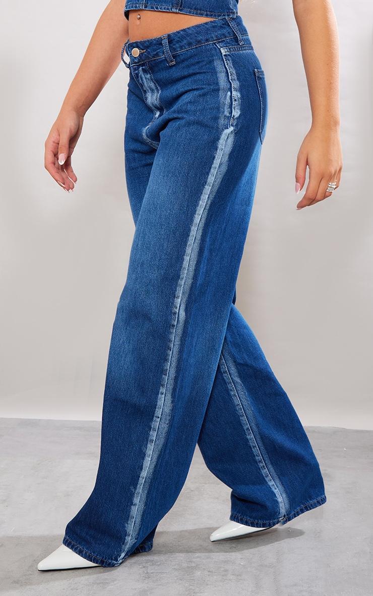 Indigo Blue Wash Washed Down Distressed Look Wide Leg Jeans Product Image