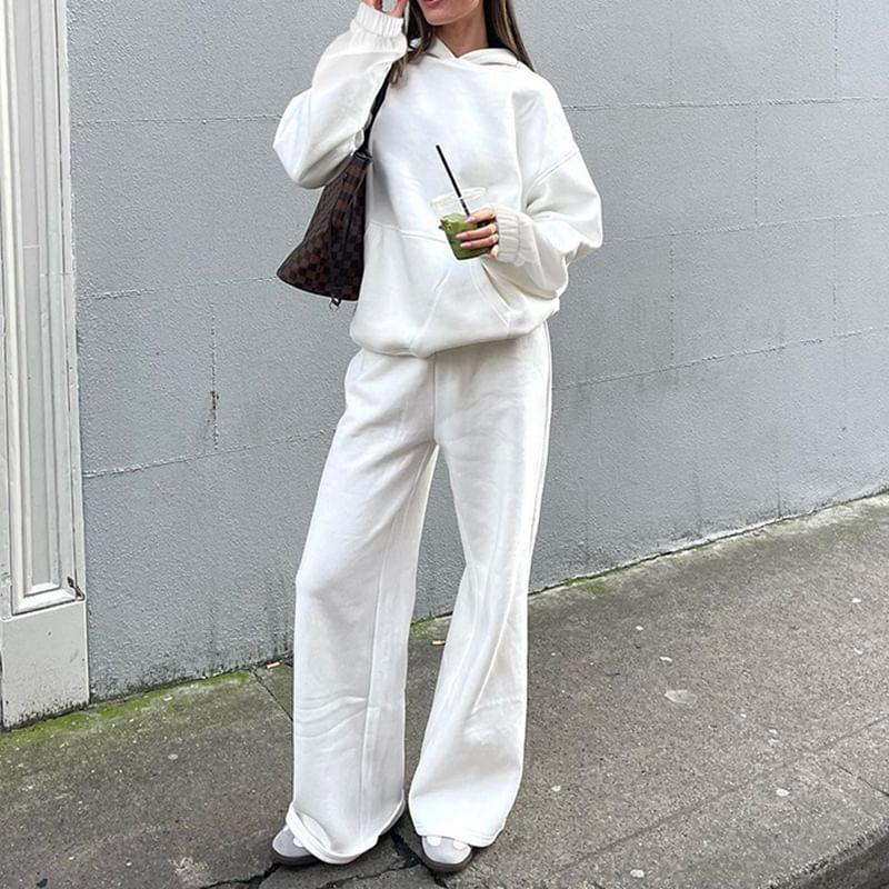 Drop Shoulder Plain Oversized Hoodie / Mid Rise Plain Wide Leg Sweatpants Product Image