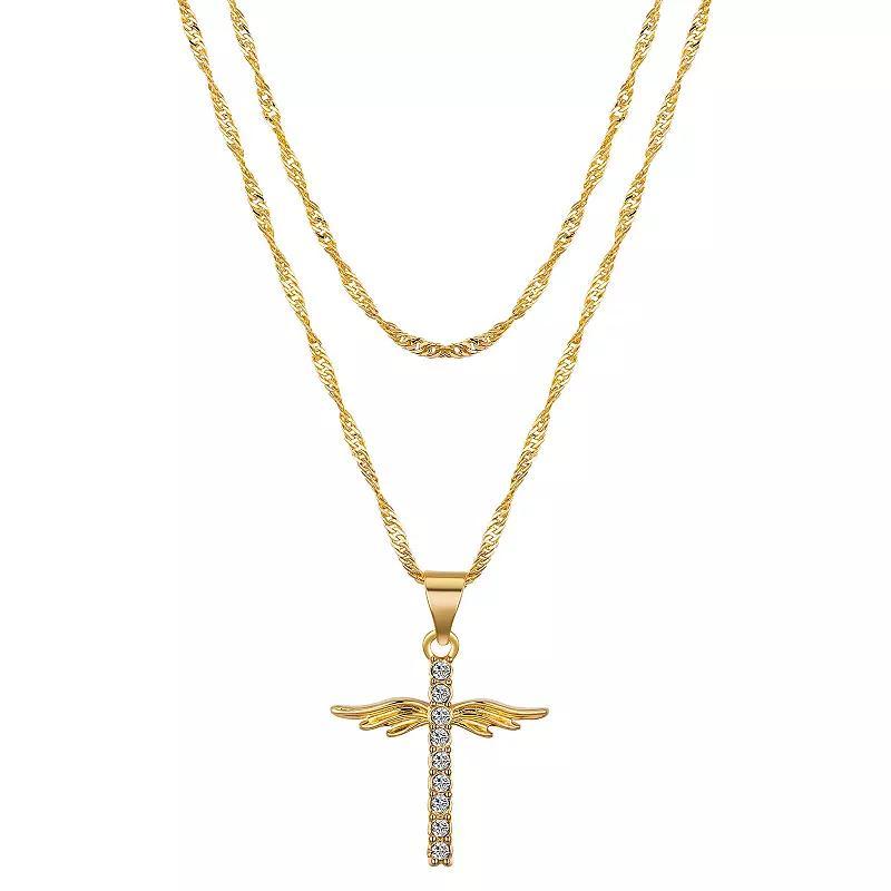 Gratitude & Grace 14k Gold Flash Plated Crystal Cross with Wings Layered Pendant Necklace, Womens, Size: 16/18+2, Gold Tone Product Image