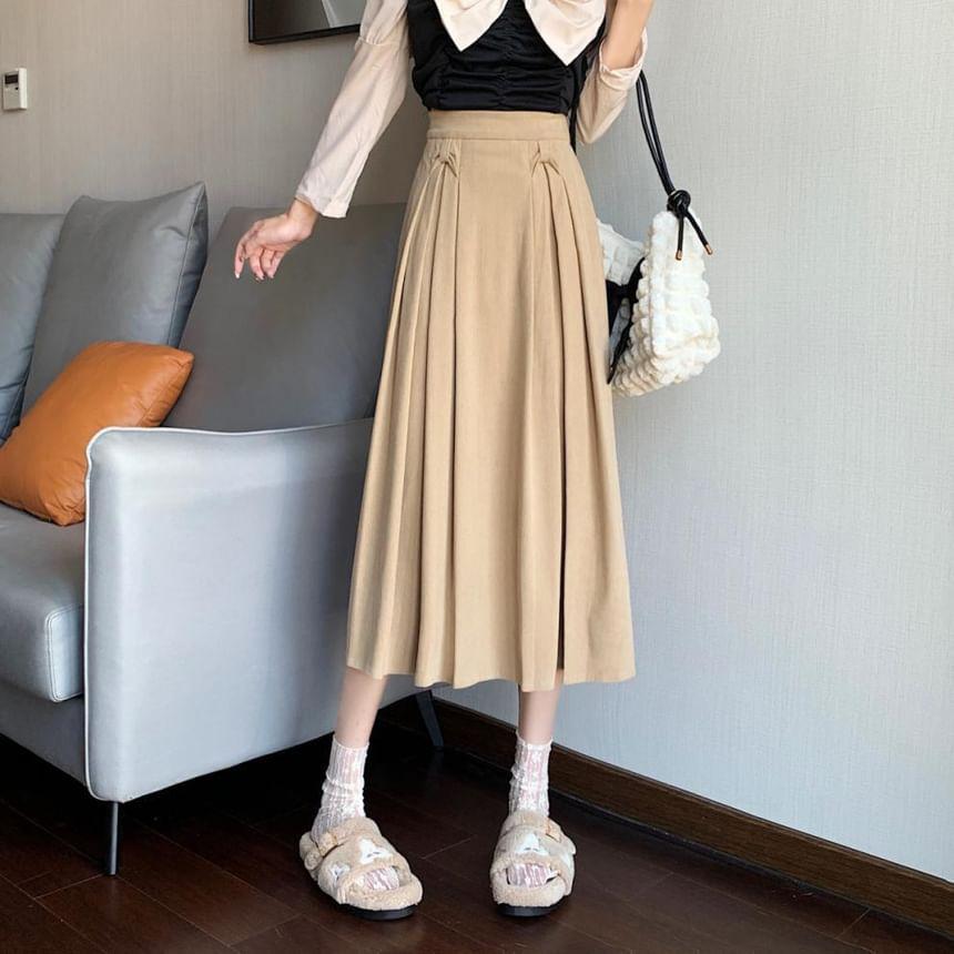 High Rise Plain Accordion Pleated Midi A-Line Skirt Product Image