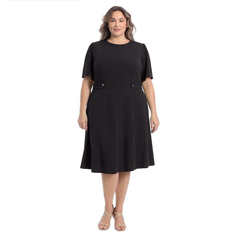 Plus Size London Times Short Sleeve Fit & Flare Midi Dress, Womens Black Product Image