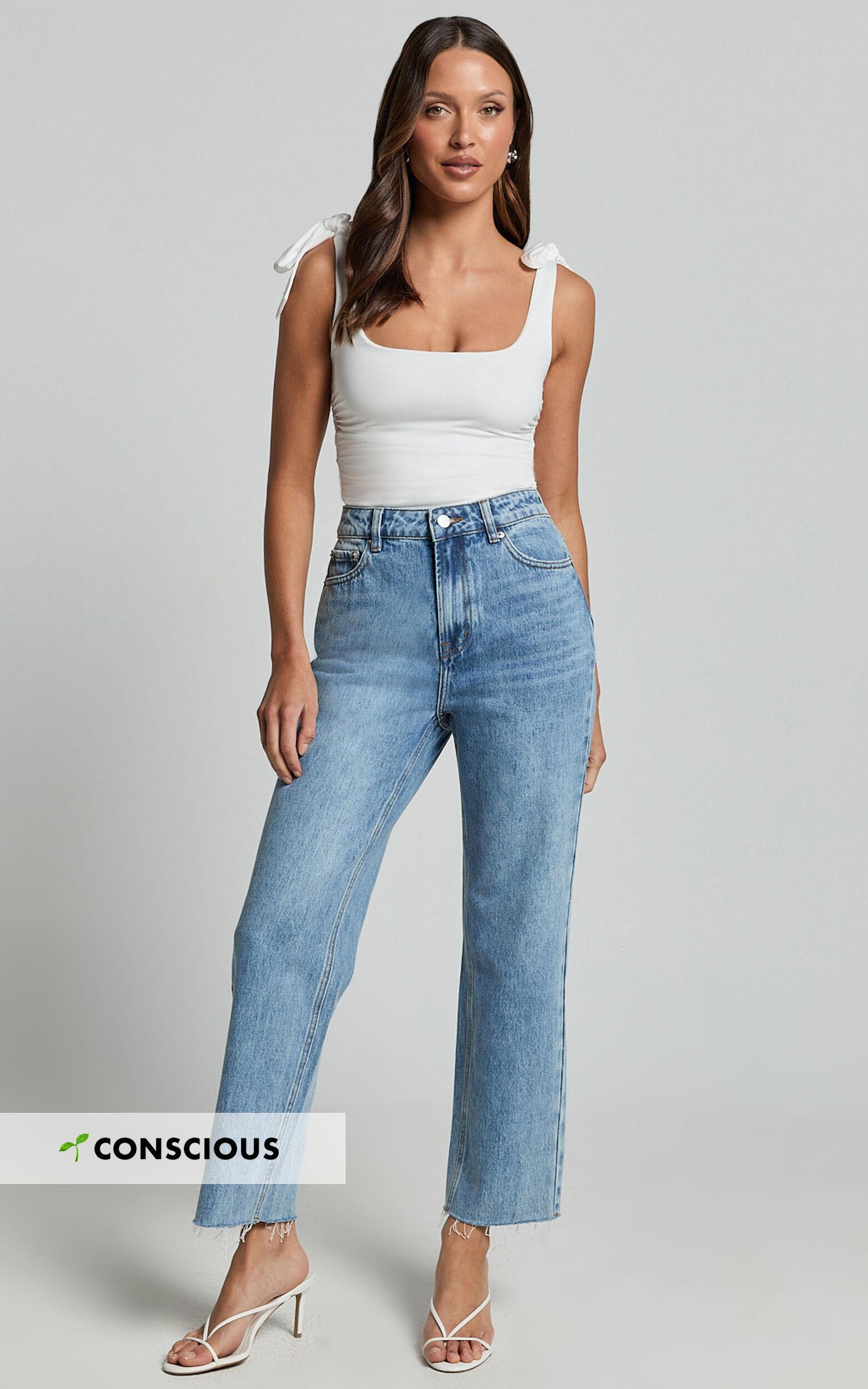 Imelda Jeans - Mid Waist Frayed Hem Recycled Denim Crop Straight Leg Jeans in Mid Blue Wash product image