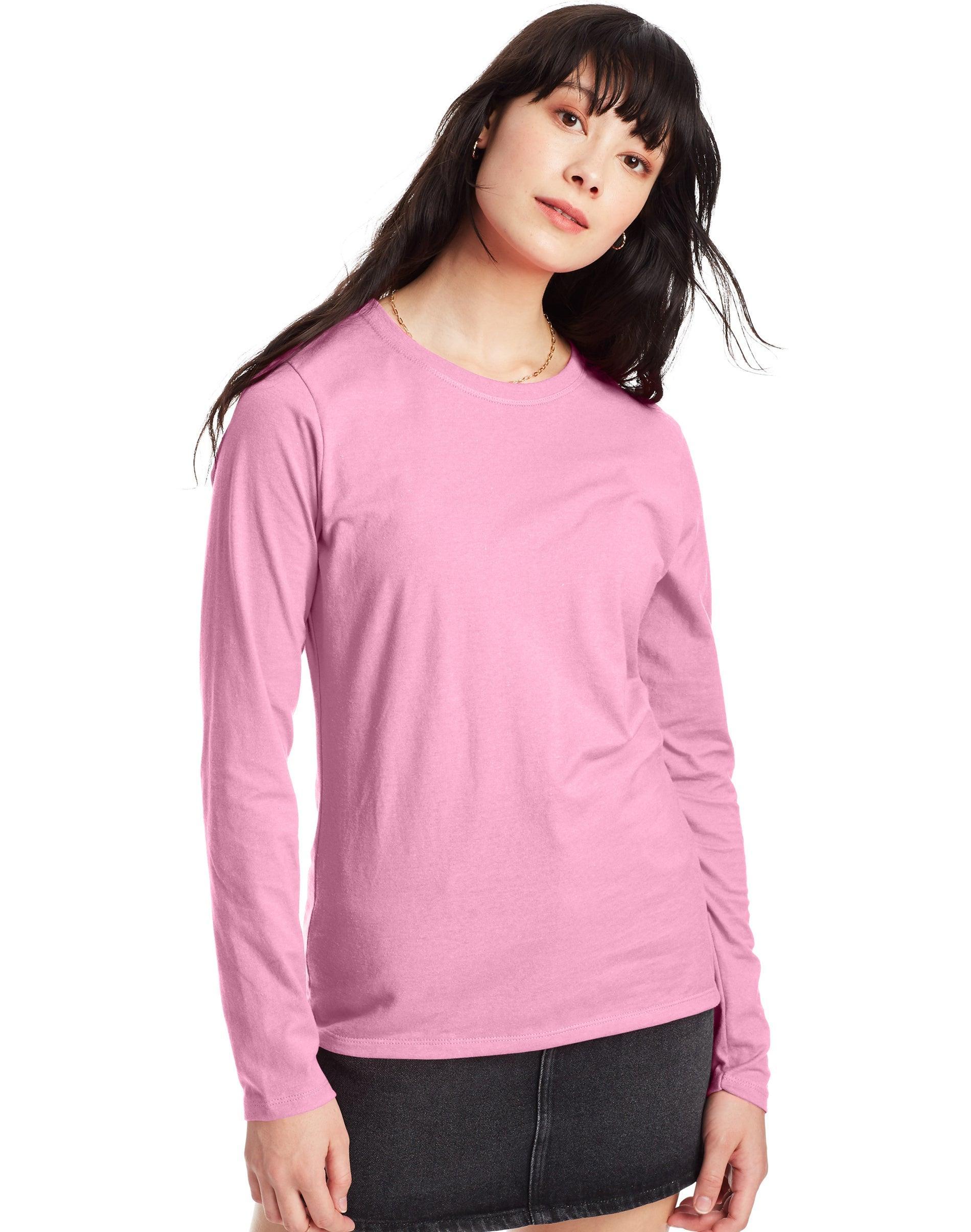 Hanes Womens Long Sleeve Cotton T-Shirt Sizzling Pink M Product Image