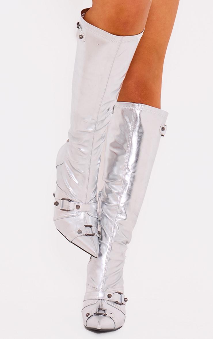 Silver Pu Metallic Buckle Detail High Heeled Knee Boots product image