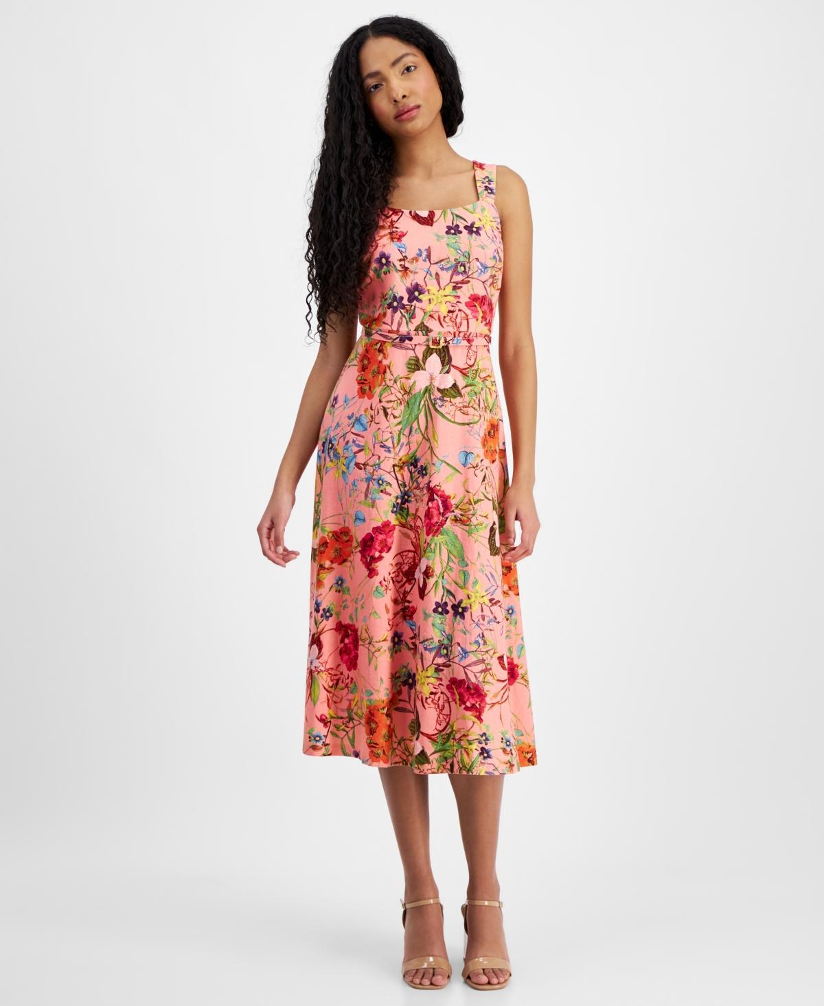 Anne Klein Womens Linen-Blend Floral-Print Midi Dress Product Image