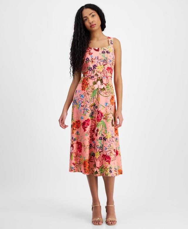 Anne Klein Womens Linen-Blend Floral-Print Midi Dress Product Image