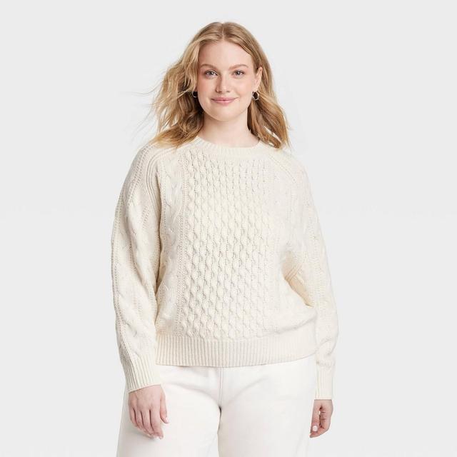 Womens Crewneck Cable Knit Pullover Sweater - Universal Thread Cream 1X Product Image