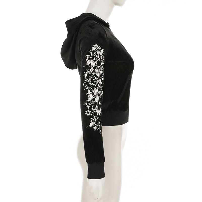 Butterfly Print Zip-Up Velvet Crop Hoodie Product Image