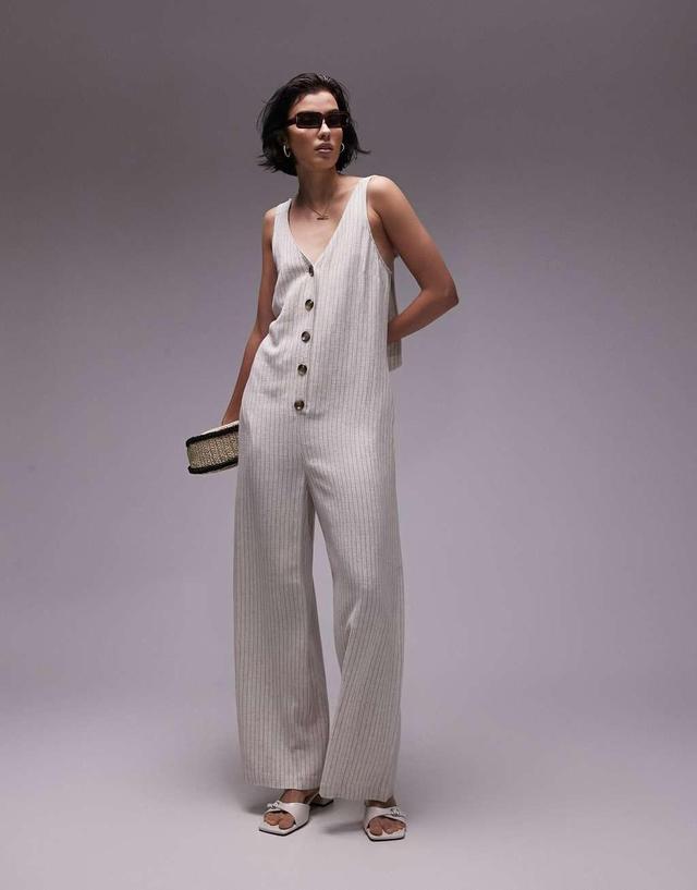 Topshop textured button down jumpsuit in linen mix stripe Product Image