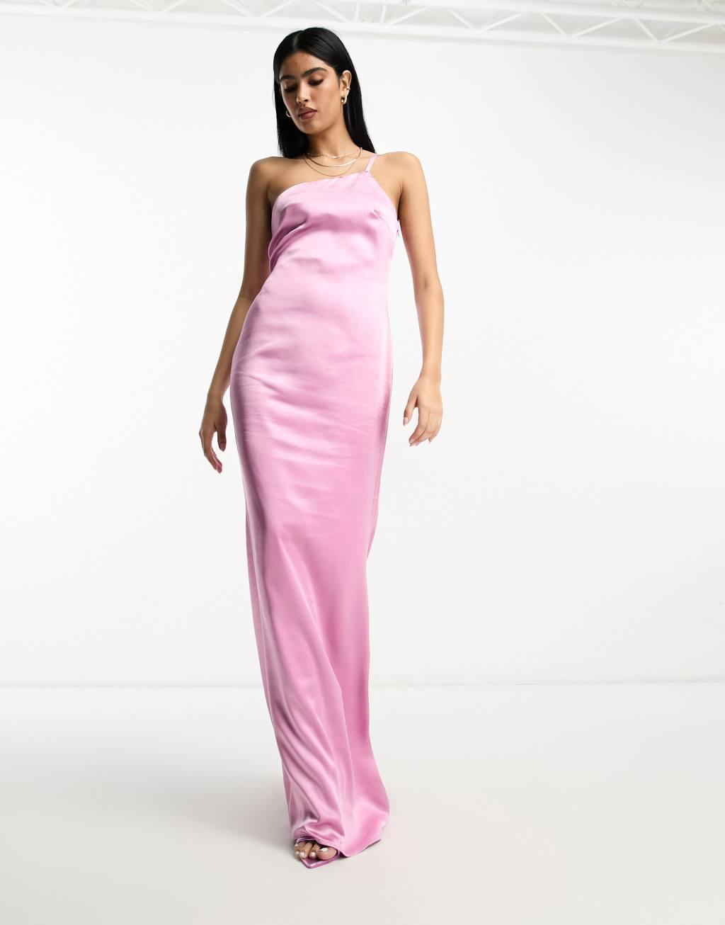 Pretty Lavish Bridesmaid Amelia one shoulder satin maxi dress in mauve Product Image