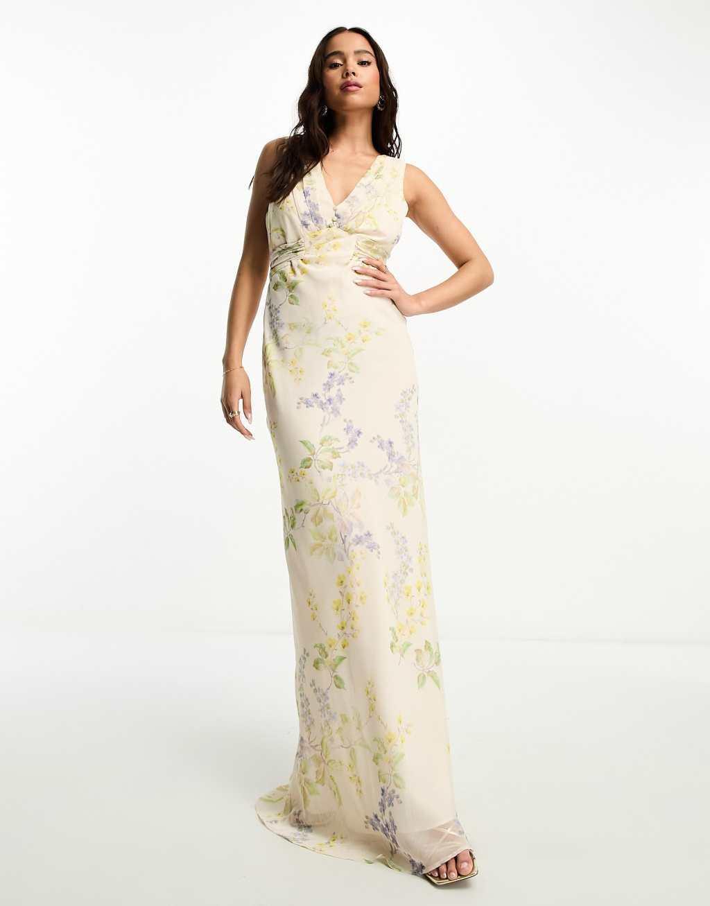 Hope & Ivy Bridesmaid tie back maxi dress in ivory floral Product Image