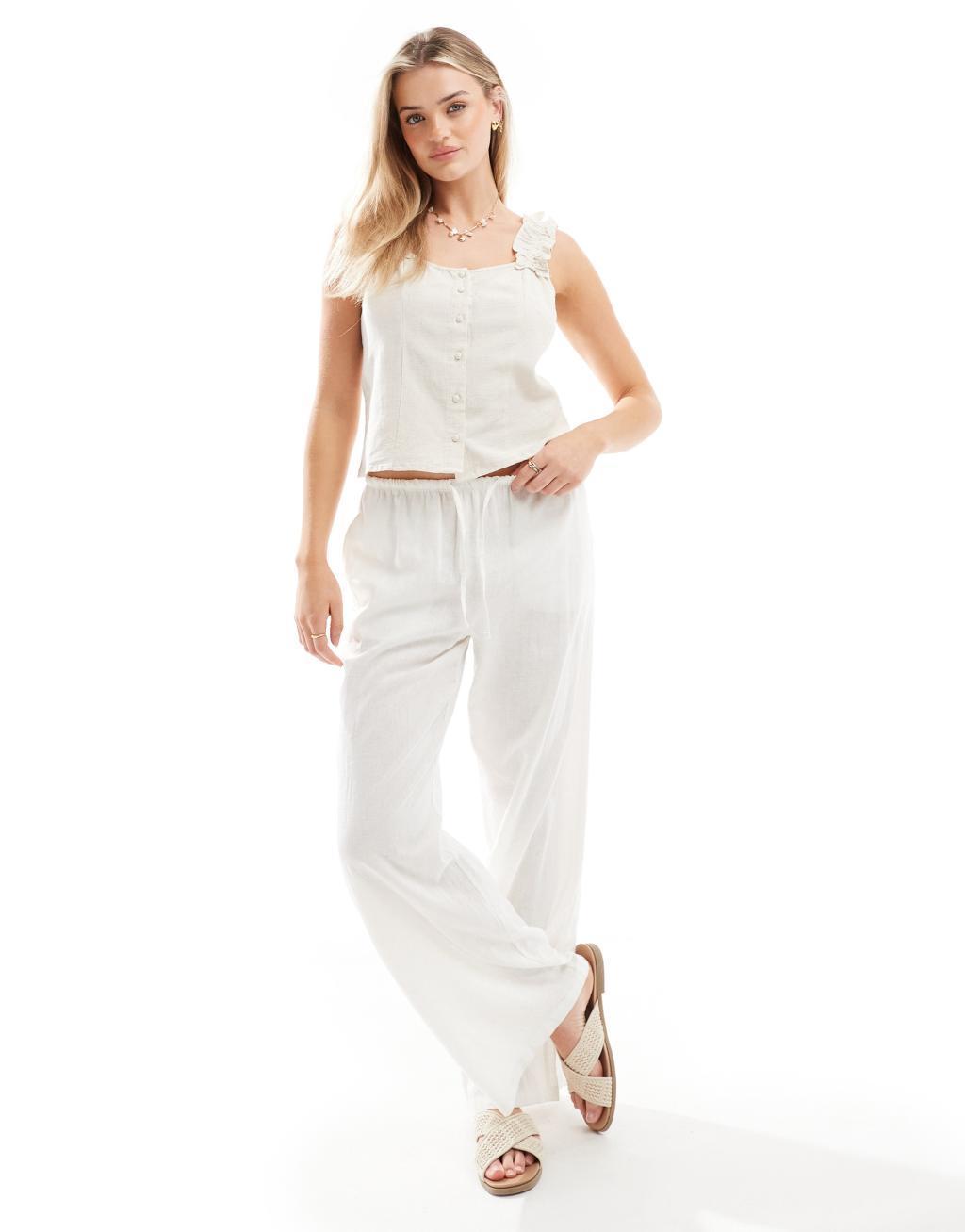 Pieces linen-touch button front top with gathered straps in cream Product Image