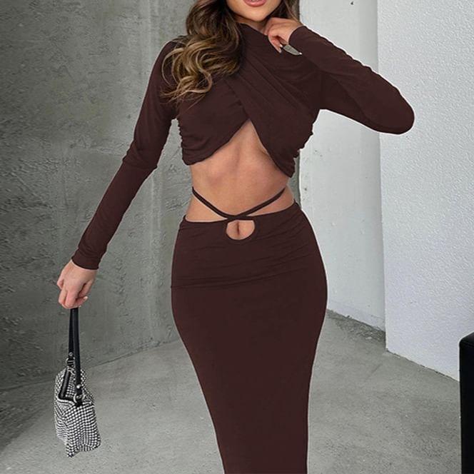 Set: Long-Sleeve Mock Neck Plain Ruched Crop Top + High Rise Cutout Maxi Pencil Skirt Product Image