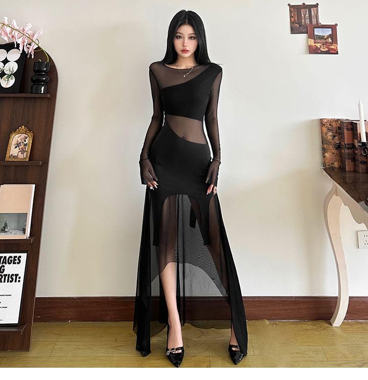 Long-Sleeve Crewneck Asymmetrical Mesh Maxi A-Line Dress Product Image