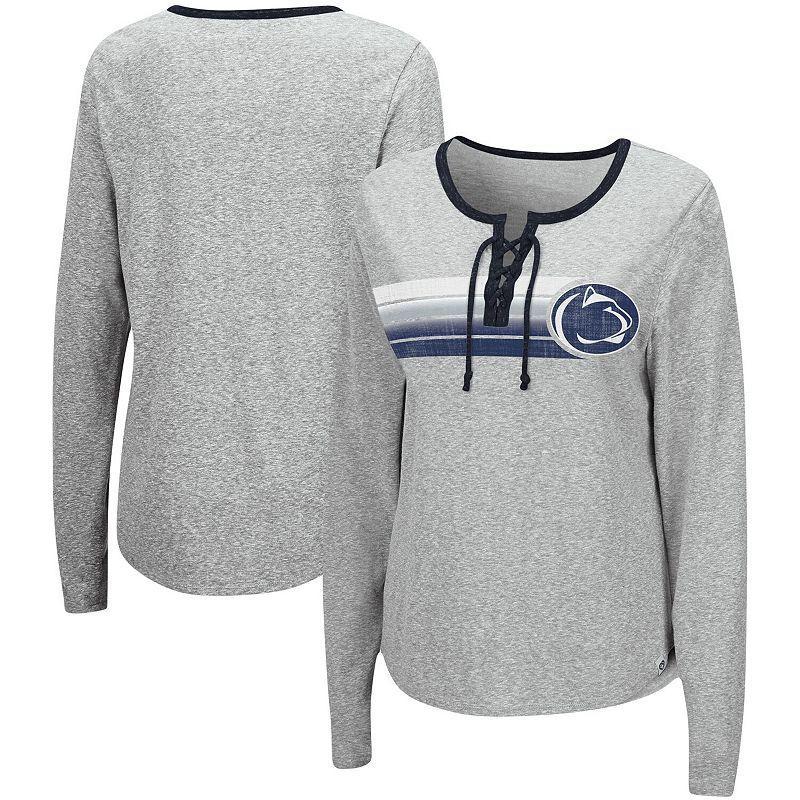 Womens Colosseum Heathered Gray Penn State Nittany Lions Sundial Tri-Blend Long Sleeve Lace-Up T-Shirt Product Image