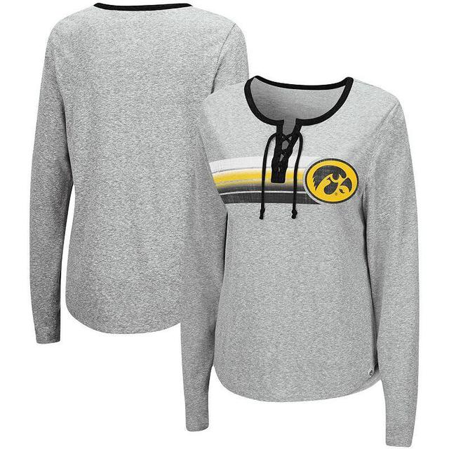 Womens Colosseum Heathered Gray Iowa Hawkeyes Sundial Tri-Blend Long Sleeve Lace-Up T-Shirt Product Image