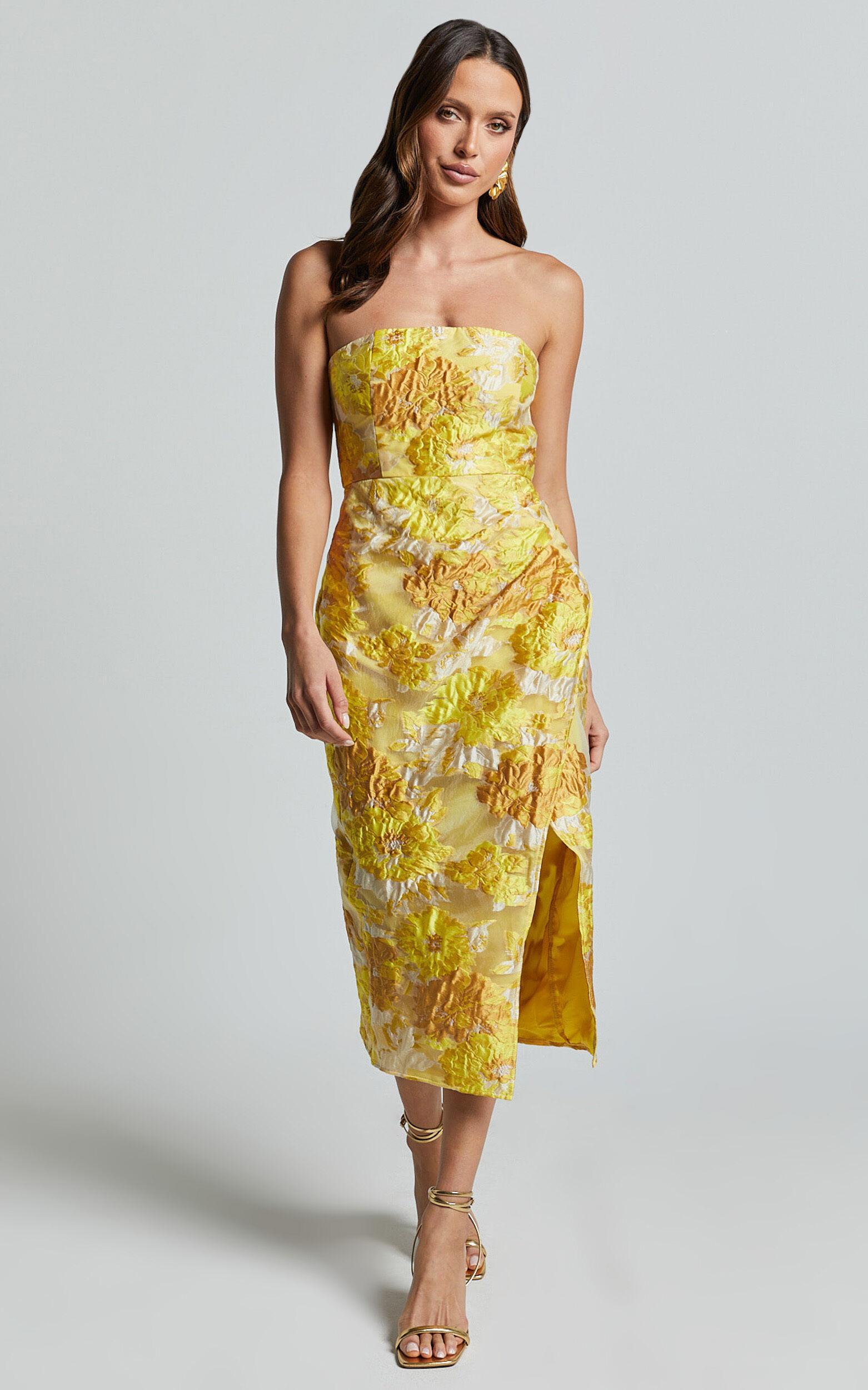 Brailey Midi Dress - Thigh Split Strapless Dress in Yellow Jacquard Product Image