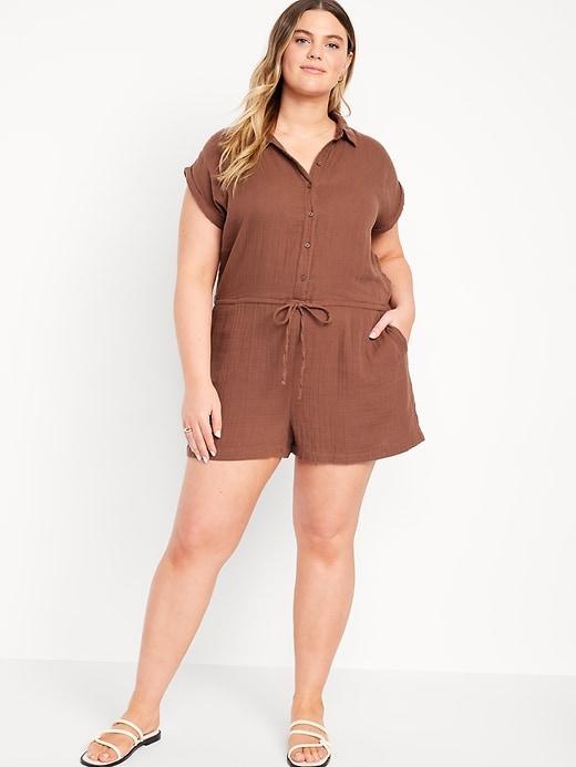 Waist-Defined Crinkle Gauze Romper -- 3-inch inseam Product Image