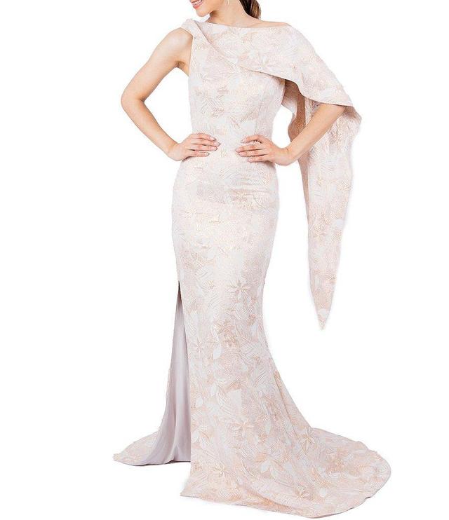 Terani Couture Jacquard One Shoulder Cape Back Mermaid Gown Product Image