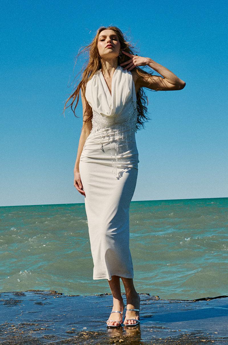 HOODED BEAUTY BACKLESS MIDI DRESS IN WHITE Product Image