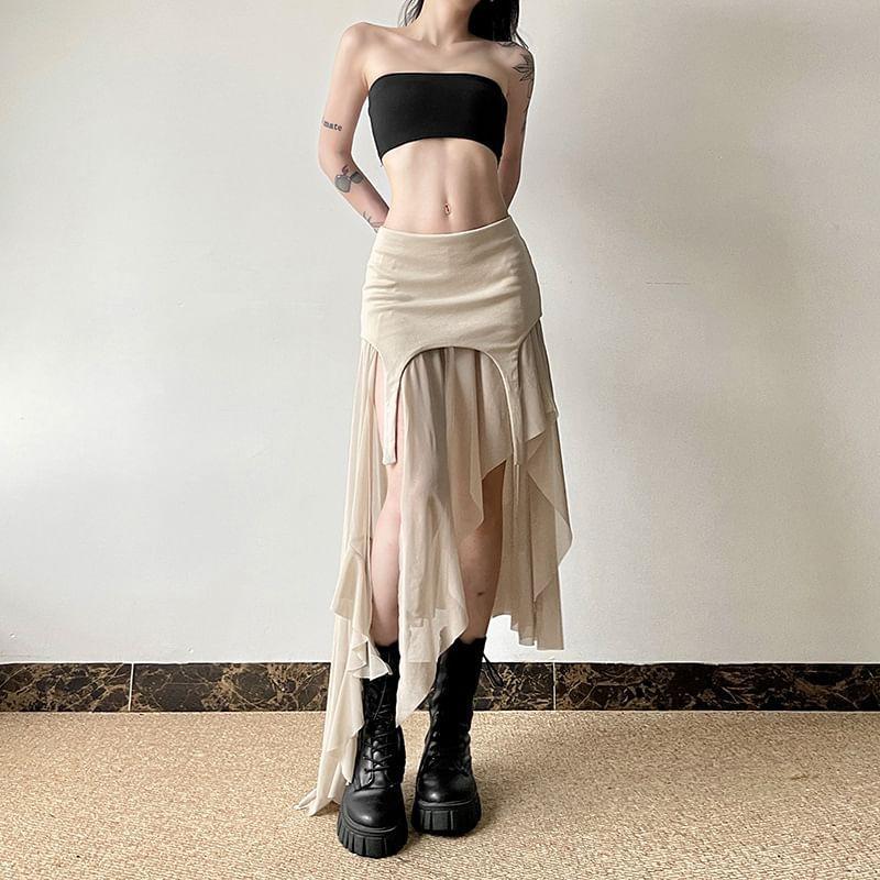 Mid Rise Plain Asymmetrical Panel Mesh A-Line Skirt Product Image