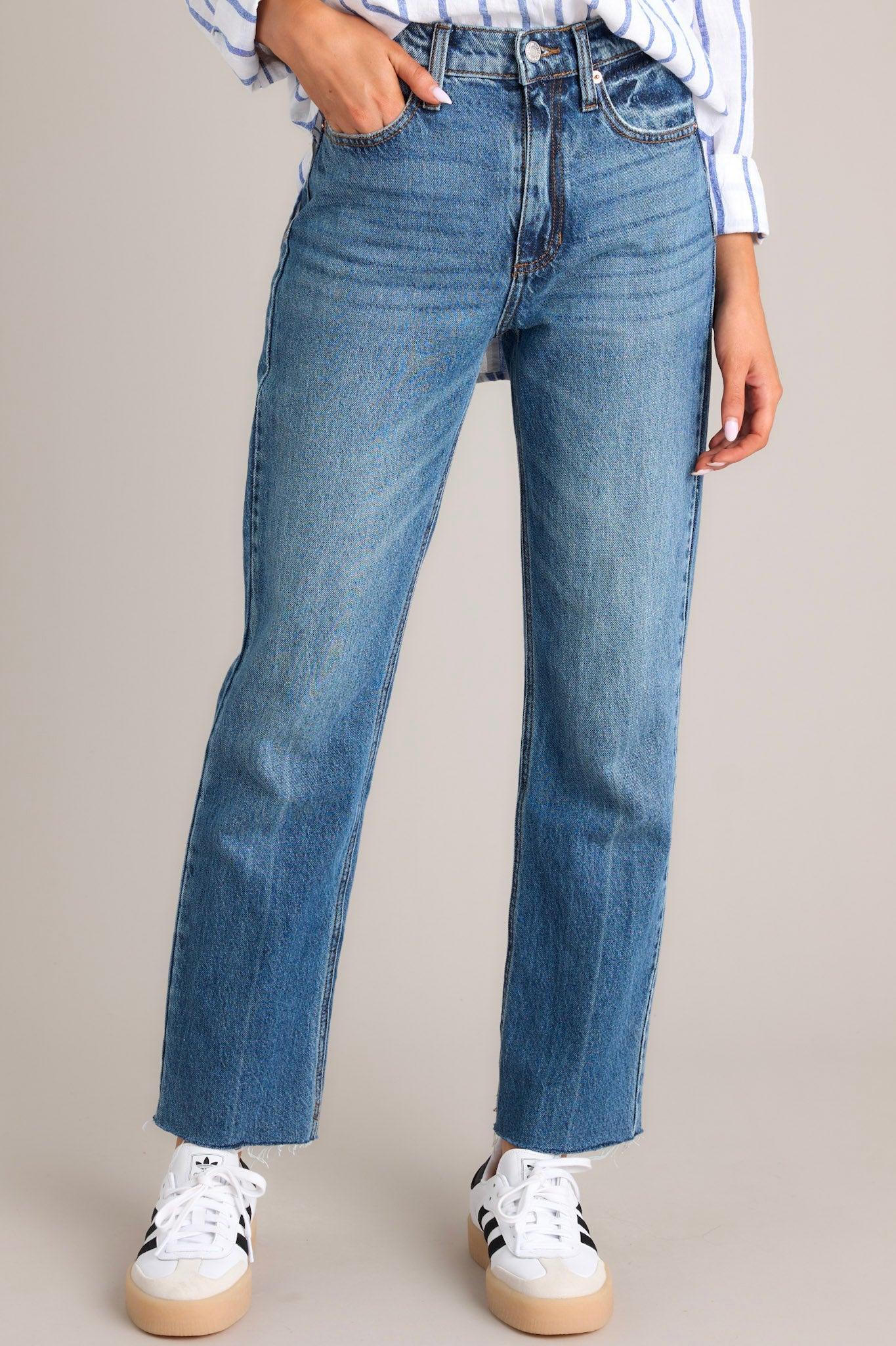 Medium Wash Raw Hem Straight Leg Jeans Product Image