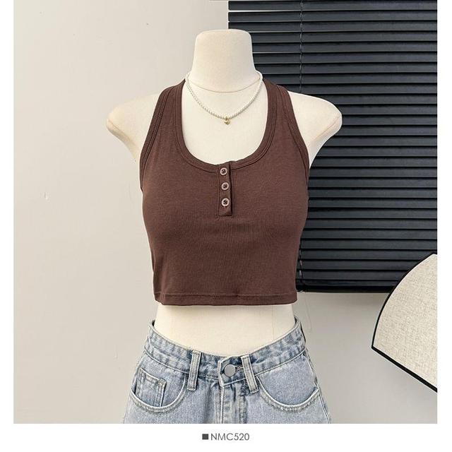 Plain Henley-Neck Halter Top in 5 Colors Product Image