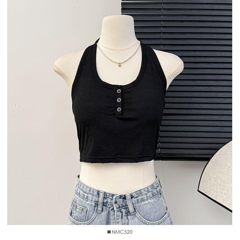 Plain Henley-Neck Halter Top in 5 Colors Product Image