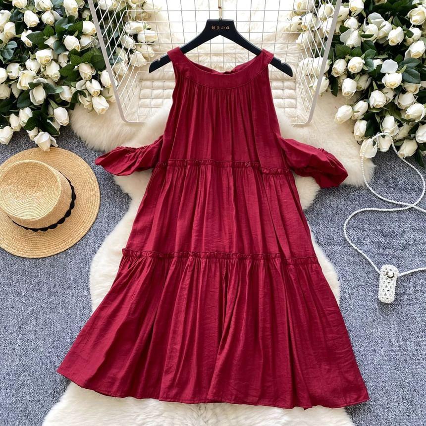 Puff-Sleeve Cold-Shoulder Plain Ruffle Sundress Product Image