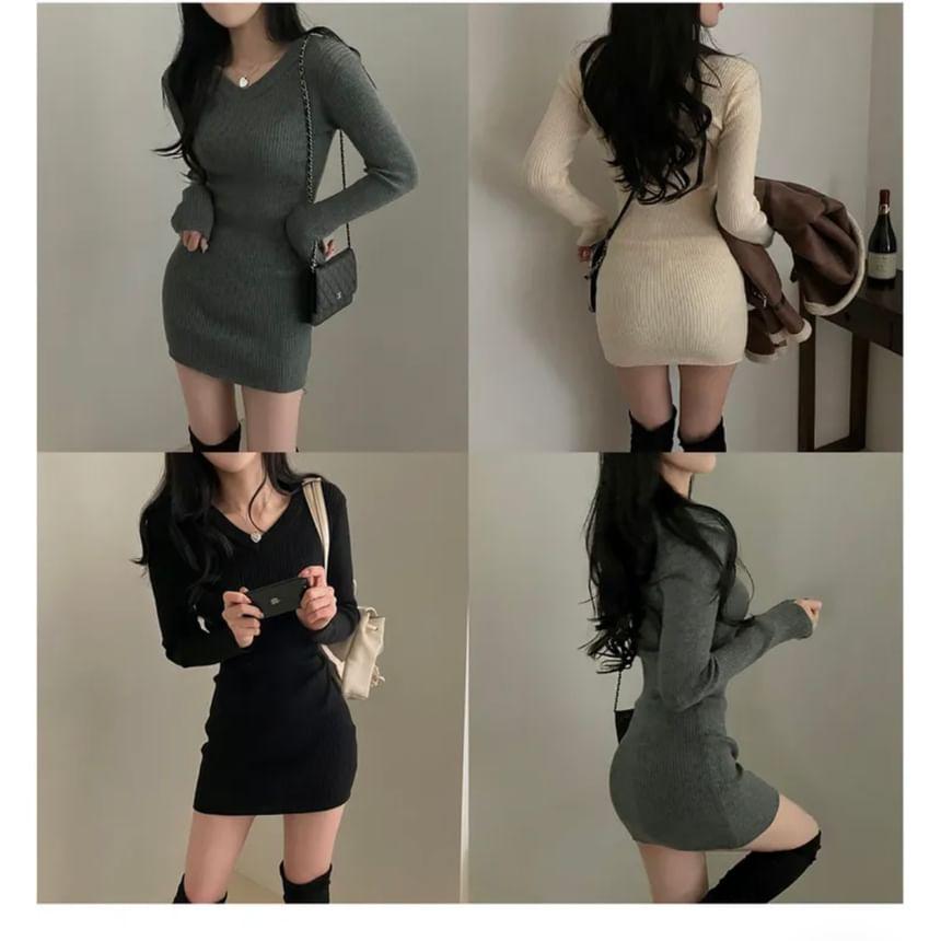 Long-Sleeve V-Neck Plain Ribbed Knit Mini Sheath Dress Product Image