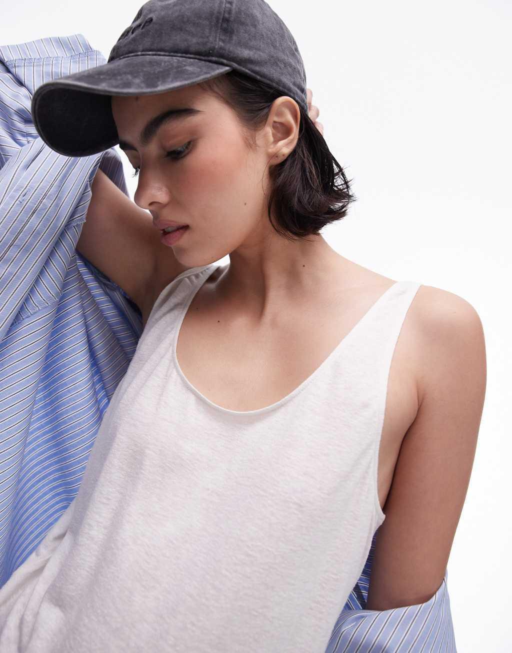 Topshop linen look scoop neck tank top in white Product Image