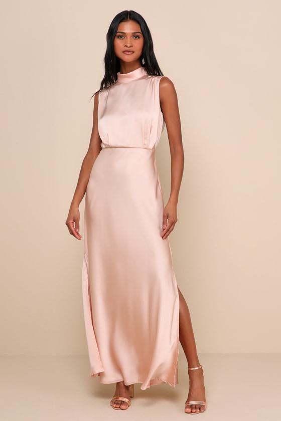 Classic Elegance Blush Satin Sleeveless Mock Neck Maxi Dress Product Image