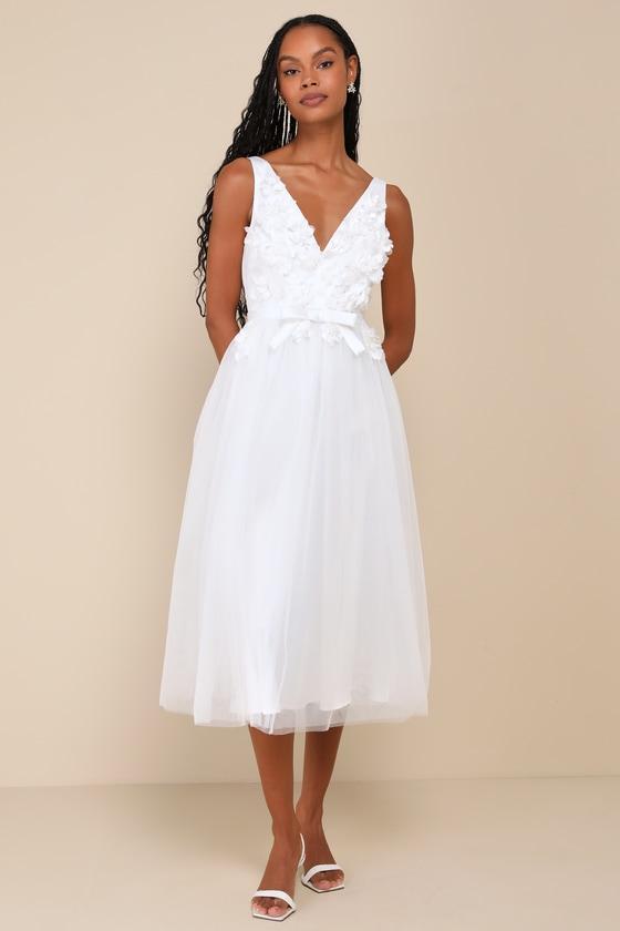 Dreamy Presence White Tulle Floral Applique Bow Midi Dress Product Image