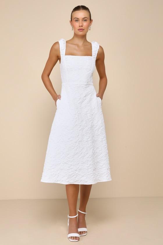 Springtime Aura White Jacquard Lace-Up Midi Dress with Pockets Product Image