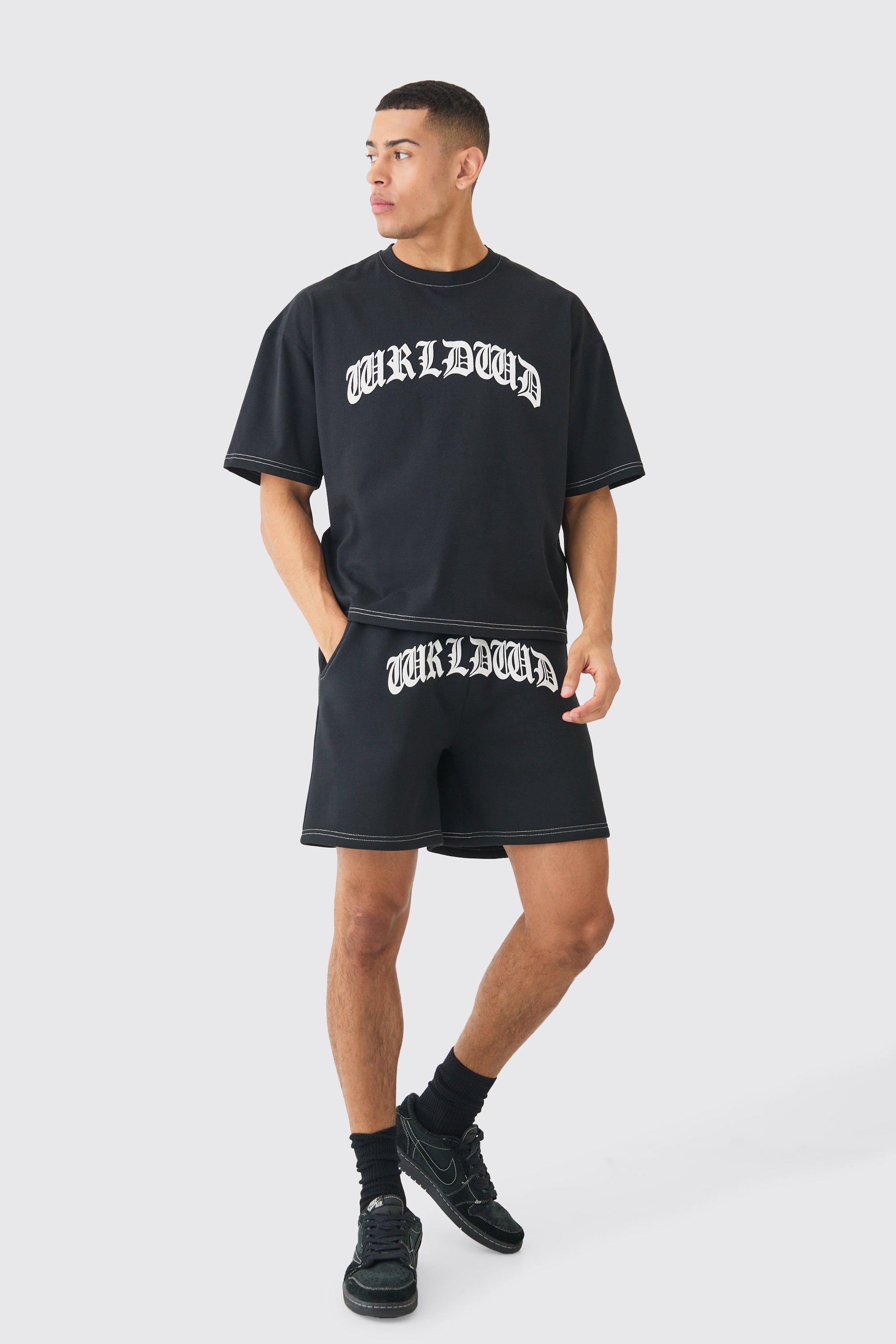 Mens Black Oversized Boxy Contrast Stitch Puff Print T-shirt & Short Set, Black Product Image