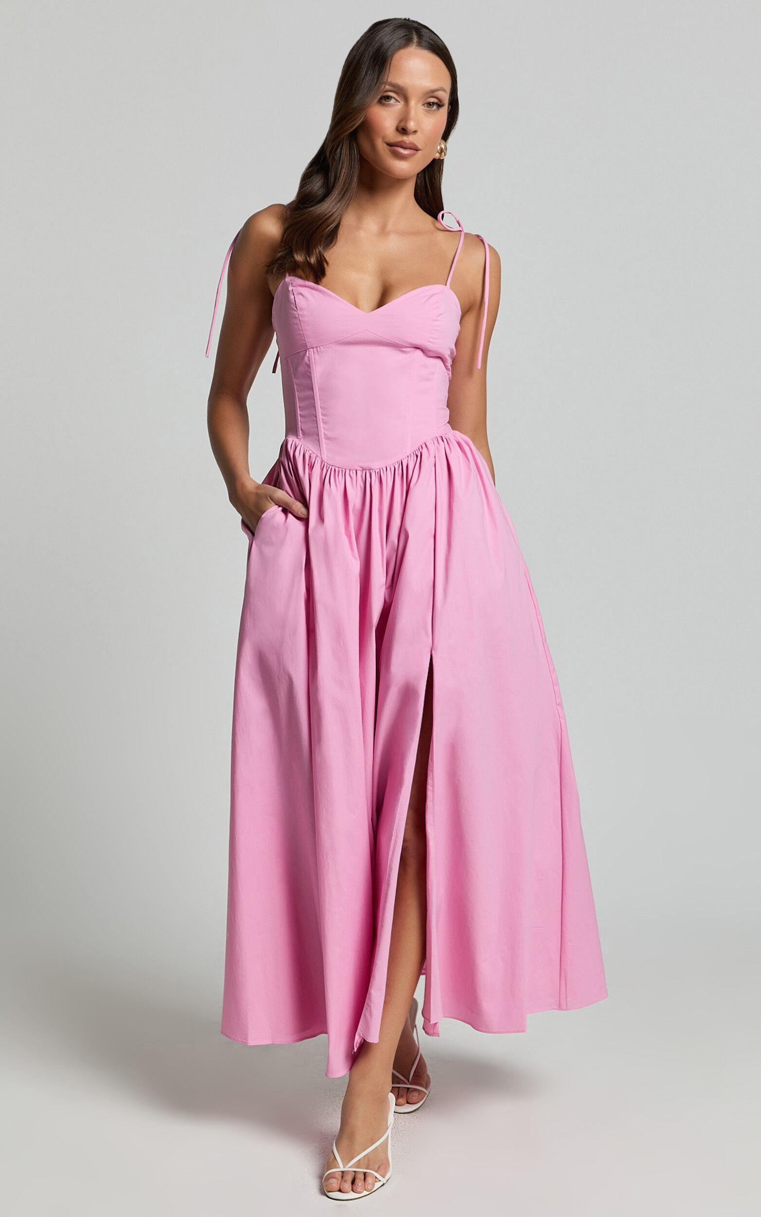 Holly Midi Dress - Corset Lace Up Dress with Split in Musk Pink Product Image