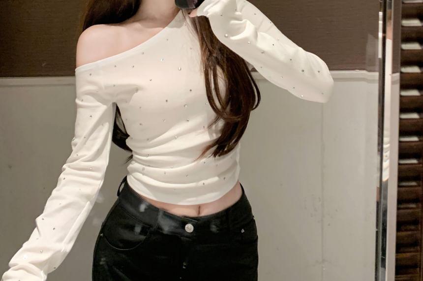 One Shoulder Long Sleeve Rhinestone Crop Top Product Image