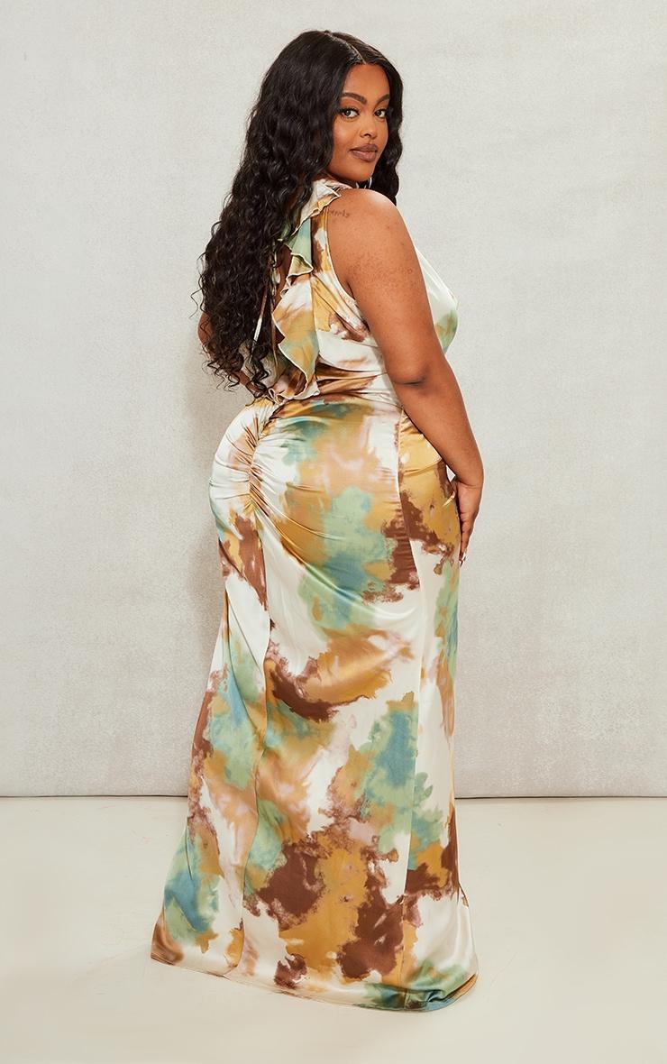 Plus Brown Printed Satin Cowl Neck Maxi Dress Product Image