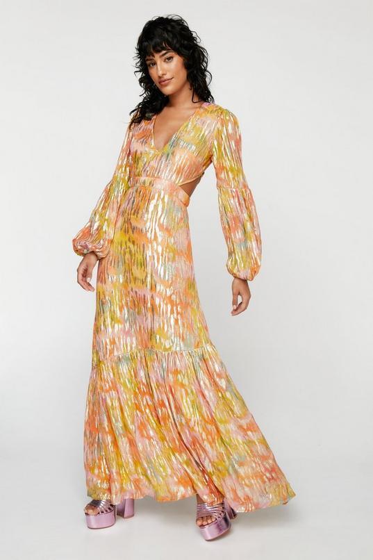 Metallic Blurred Floral Open Back Maxi Dress Product Image