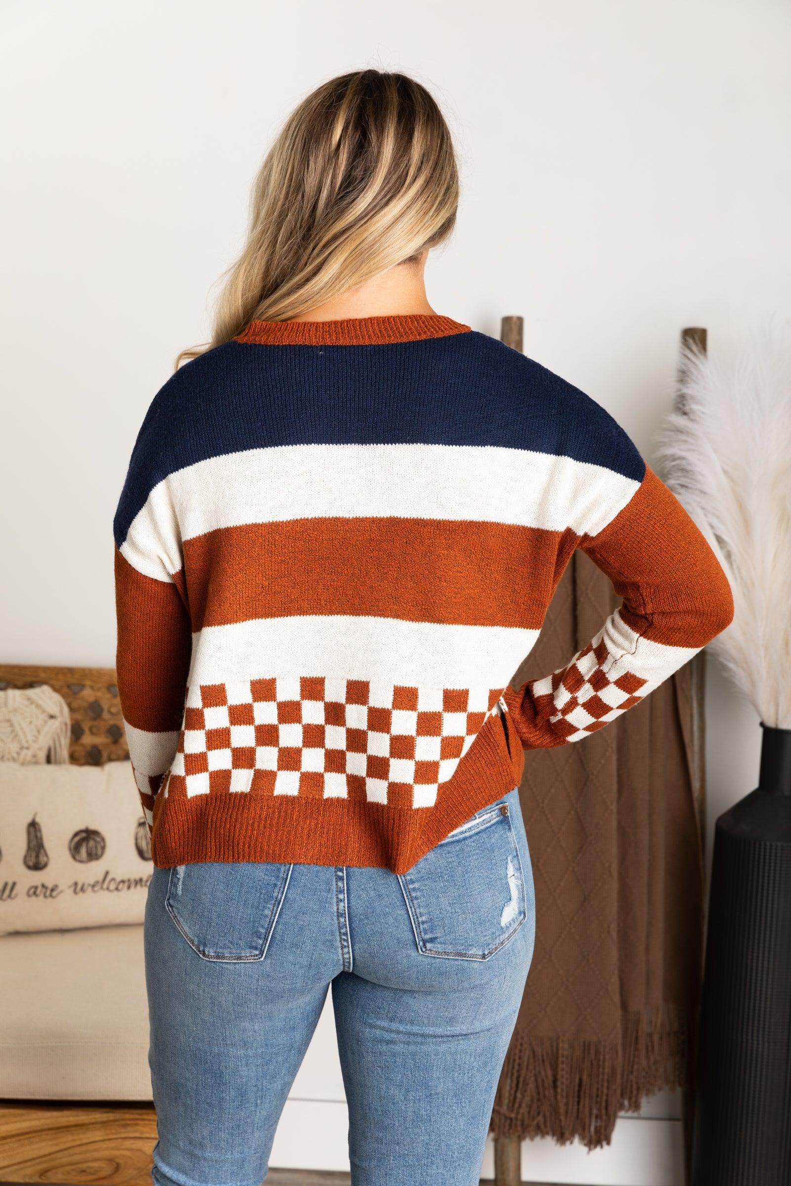 Navy and Cognac Checkered Pullover Sweater Product Image