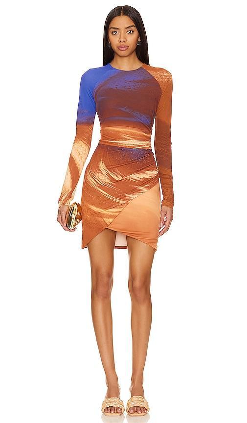 SIMKHAI Abby Long Sleeve Ruched Mini Dress in Rust Product Image