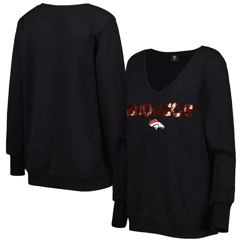 Womens Cuce Black Denver Broncos Sequin Logo V-Neck Pullover Sweatshirt Product Image