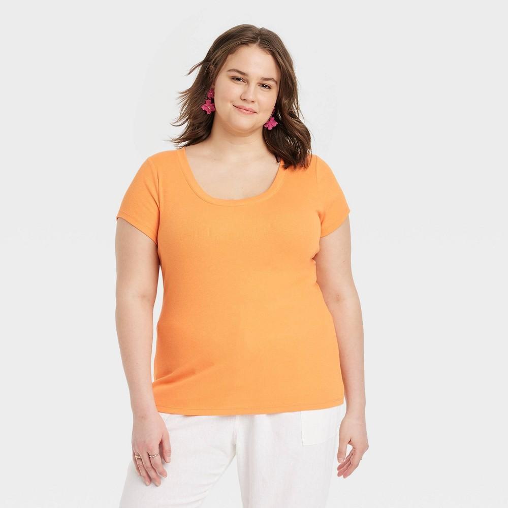 Womens Slim Fit Short Sleeve Ribbed Scoop Neck T-Shirt - A New Day Orange 1X Product Image